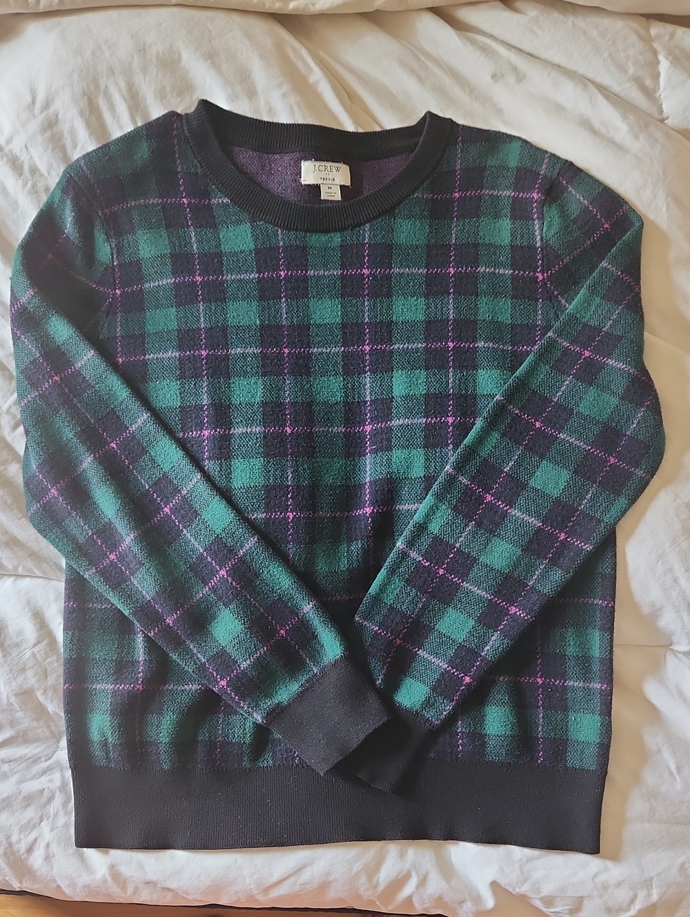 J. Crew Green and Black Plaid Crewneck Sweater with Purple Accents